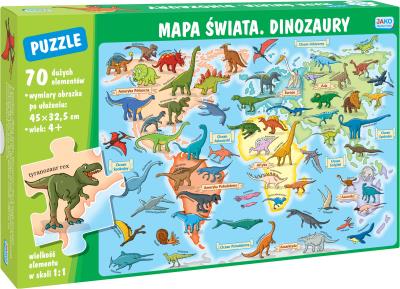 Okładka książki Puzzle 70 elementów. Mapa świata. Dinozaury