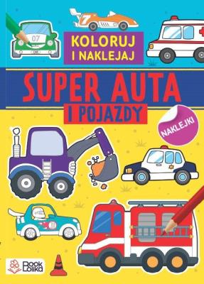 Super auta i pojazdy. Kolorowanki z naklejkami. Autor:   Praca zbiorowa. SmakLiter.pl Okładka książki Super auta i pojazdy. Kolorowanki z naklejkami