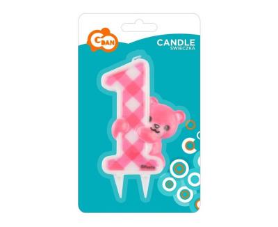 Opakowanie Świeczka cyfra 1 urodziny różowy Miś