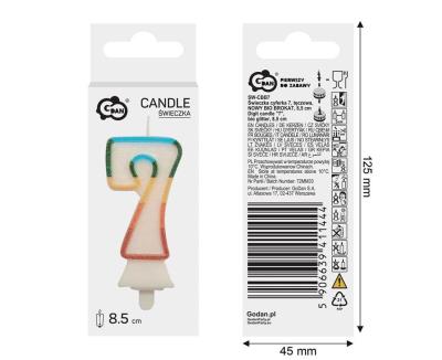 Opakowanie Świeczka cyfra 7 tęczowa 8,5cm