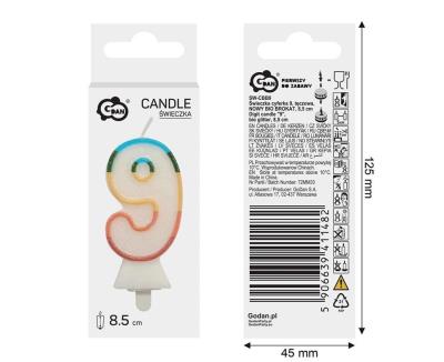 Opakowanie Świeczka cyfra 9 tęczowa 8,5cm