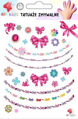 Tatuaże zmywalne dla dzieci Biżuteria kokardki. Wydawca: All4Kids. SmakLiter.pl Opakowanie Tatuaże zmywalne dla dzieci Biżuteria kokardki