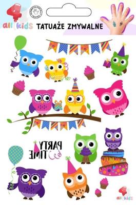 Tatuaże zmywalne dla dzieci Kolorowe sówki. Wydawca: All4Kids. SmakLiter.pl Opakowanie Tatuaże zmywalne dla dzieci Kolorowe sówki