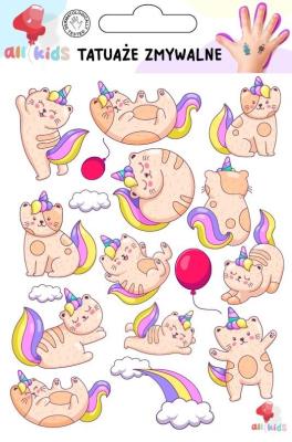 Tatuaże zmywalne dla dzieci Kotki jednorożce. Wydawca: All4Kids. SmakLiter.pl Opakowanie Tatuaże zmywalne dla dzieci Kotki jednorożce