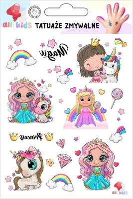 Tatuaże zmywalne dla dzieci Księżniczki jednorożce. Wydawca: All4Kids. SmakLiter.pl Opakowanie Tatuaże zmywalne dla dzieci Księżniczki jednorożce