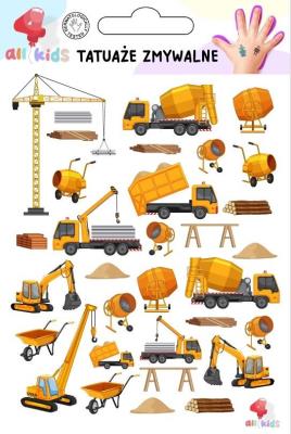 Tatuaże zmywalne dla dzieci Maszyny budowlane. Wydawca: All4Kids. SmakLiter.pl Opakowanie Tatuaże zmywalne dla dzieci Maszyny budowlane