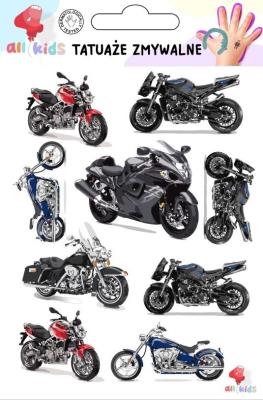 Tatuaże zmywalne dla dzieci Ścigacze motory. Wydawca: All4Kids. SmakLiter.pl Opakowanie Tatuaże zmywalne dla dzieci Ścigacze motory