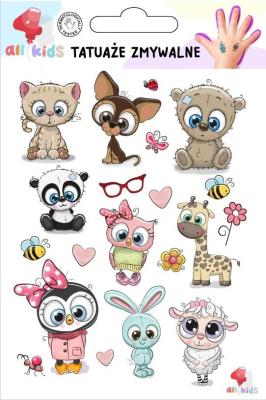 Tatuaże zmywalne dla dzieci Słodkie zwierzaki. Wydawca: All4Kids. SmakLiter.pl Opakowanie Tatuaże zmywalne dla dzieci Słodkie zwierzaki