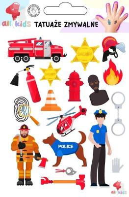 Tatuaże zmywalne dla dzieci Strażak i policjant. Wydawca: All4Kids. SmakLiter.pl Opakowanie Tatuaże zmywalne dla dzieci Strażak i policjant