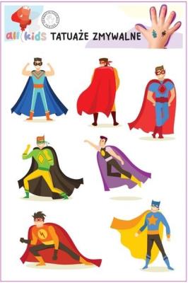 Tatuaże zmywalne dla dzieci Superbohaterowie. Wydawca: All4Kids. SmakLiter.pl Opakowanie Tatuaże zmywalne dla dzieci Superbohaterowie