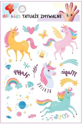Tatuaże zmywalne dla dzieci Tęczowe jednorożce. Wydawca: All4Kids. SmakLiter.pl Opakowanie Tatuaże zmywalne dla dzieci Tęczowe jednorożce