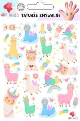 Tatuaże zmywalne dla dzieci Wesołe lamy. Wydawca: All4Kids. SmakLiter.pl Opakowanie Tatuaże zmywalne dla dzieci Wesołe lamy