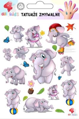Tatuaże zmywalne dla dzieci Wesołe słoniki. Wydawca: All4Kids. SmakLiter.pl Opakowanie Tatuaże zmywalne dla dzieci Wesołe słoniki