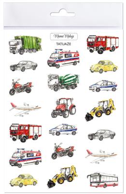 Tatuaże zmywalne pojazdy. Wydawca: Mama Maluje. SmakLiter.pl Opakowanie Tatuaże zmywalne pojazdy