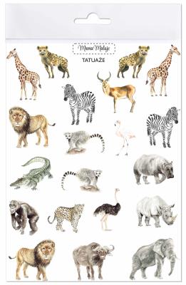 Tatuaże zmywalne Zwierzęta Afryki. Wydawca: Mama Maluje. SmakLiter.pl Opakowanie Tatuaże zmywalne Zwierzęta Afryki