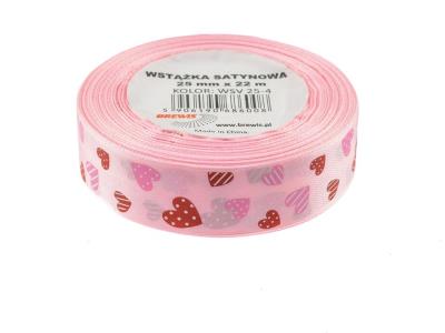 Opakowanie Wstążka satynowa w serca różowa 25mmx22m