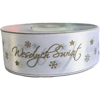 Opakowanie Wstążka satynowa Wesołych Świąt 25mm biała