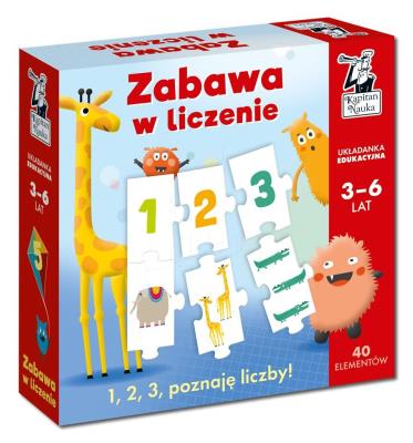 Zabawa w liczenie. Układanka edukacyjna 3-6 lat. Autor: Hubert Bobrowski, Magdalena Popovics, Pola August. SmakLiter.pl Okładka książki Zabawa w liczenie. Układanka edukacyjna 3-6 lat