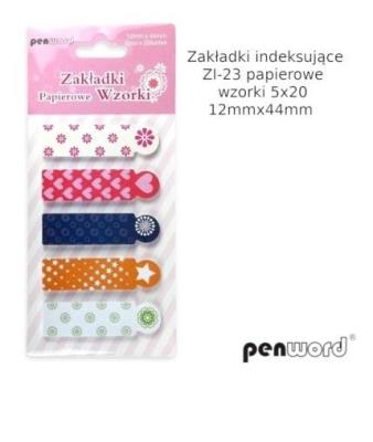 Zakładki indeksujące 12x44mm 5x20szt wzorki. Wydawca: PENWORD. SmakLiter.pl Opakowanie Zakładki indeksujące 12x44mm 5x20szt wzorki