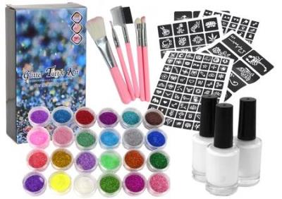 Opakowanie Zestaw do tatuażu brokaty klej pędzelki 187 wzorów