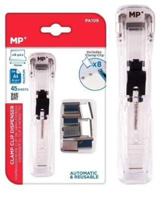 Zszywacz EKO z 8 klipsami metalowymi. Wydawca: MP Main Paper. SmakLiter.pl Opakowanie Zszywacz EKO z 8 klipsami metalowymi