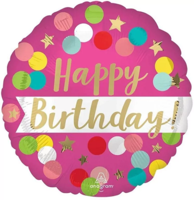 Balon foliowy Birthday pink confetti 46cm. Wydawca: Anagram. SmakLiter.pl Opakowanie Balon foliowy Birthday pink confetti 46cm