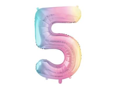 Balon foliowy Cyfra 5 pastelowy tęczowy 86cm. Wydawca: PartyDeco. SmakLiter.pl Opakowanie Balon foliowy Cyfra 5 pastelowy tęczowy 86cm