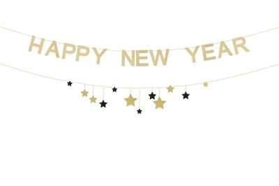 Opakowanie Baner Happy New Year z gwiazdkami złoty 300cm