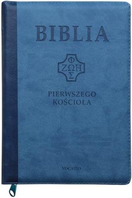 Okładka książki Biblia pierwszego Kościoła z paginat. niebieska