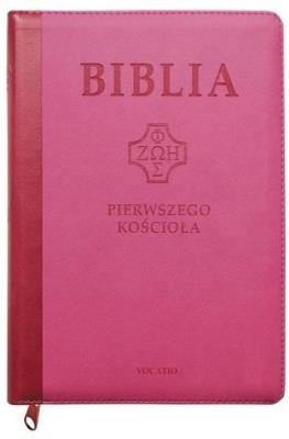 Okładka książki Biblia pierwszego Kościoła z paginat. różowa