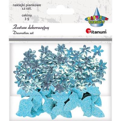 Opakowanie Cekiny kwiaty + naklejki mix błekitne 12szt