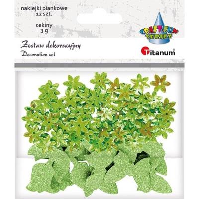Opakowanie Cekiny kwiaty + naklejki mix jasnozielone 12szt