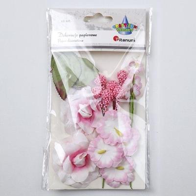 Opakowanie Dekoracje materiałowe róże 40mm różowe z gipsówką