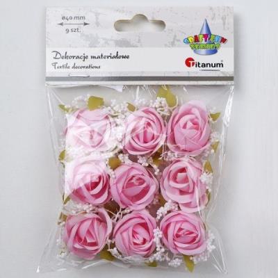 Opakowanie Dekoracje materiałowe róże 40mm różowe z gipsówką