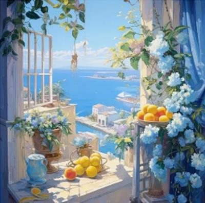 Opakowanie Diamentowa Mozaika Pomarańcze i okno z widokiem na greckie wybrzeże NO-2001364