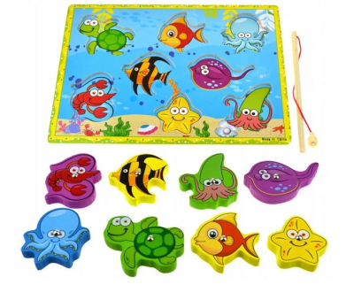 Drewniane puzzle magnetyczne z wędką i rybkami. Wydawca: Bączek. SmakLiter.pl Opakowanie Drewniane puzzle magnetyczne z wędką i rybkami