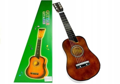 Gitara drewniana z kostką jasny brąz. Wydawca: Leantoys. SmakLiter.pl Opakowanie Gitara drewniana z kostką jasny brąz
