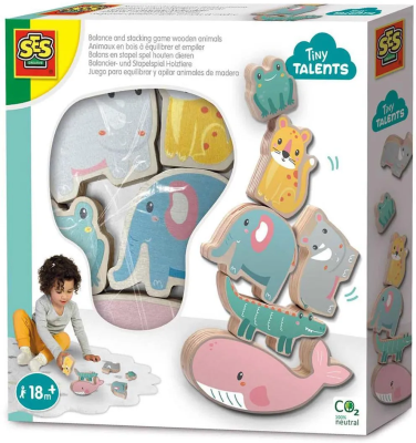 Gra równowagi i układania drewnianych zwierząt. Wydawca: SES. SmakLiter.pl Opakowanie Gra równowagi i układania drewnianych zwierząt