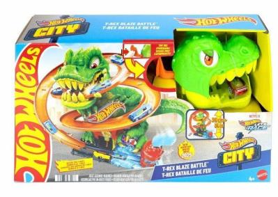 Hot Wheels City Zakręcony tor Remiza T-Rexa. Wydawca: Mattel. SmakLiter.pl Opakowanie Hot Wheels City Zakręcony tor Remiza T-Rexa