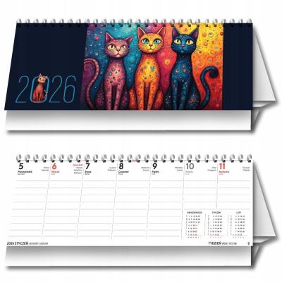 Kalendarz 2026 biurkowy tygodniowy poziomy koty. Wydawca: Evena. SmakLiter.pl Opakowanie Kalendarz 2026 biurkowy tygodniowy poziomy koty