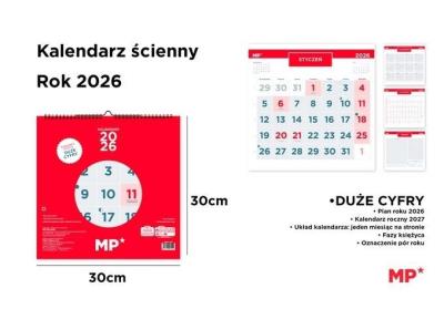 Kalendarz 2026 ścienny 30x30cm czerwony. Wydawca: MP Main Paper. SmakLiter.pl Opakowanie Kalendarz 2026 ścienny 30x30cm czerwony