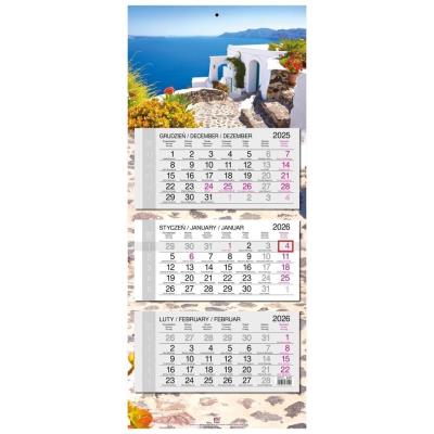 Kalendarz 2026 trójdzielny główka płaska Santorini. Wydawca: EV-Corp. SmakLiter.pl Opakowanie Kalendarz 2026 trójdzielny główka płaska Santorini