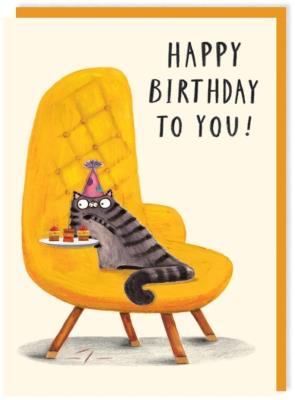 Opakowanie Karnet 309 Urodziny Kot z przekąskami na fotelu