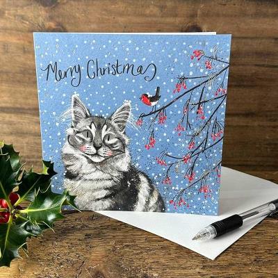 Karnet Święta kwadrat Kot i jarzębina. Wydawca: Alex Clark. SmakLiter.pl Opakowanie Karnet Święta kwadrat Kot i jarzębina