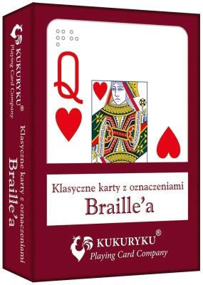 Karty do gry czerwone ze znakami Braille'a. Wydawca: Kukuryku. SmakLiter.pl Opakowanie Karty do gry czerwone ze znakami Braille'a