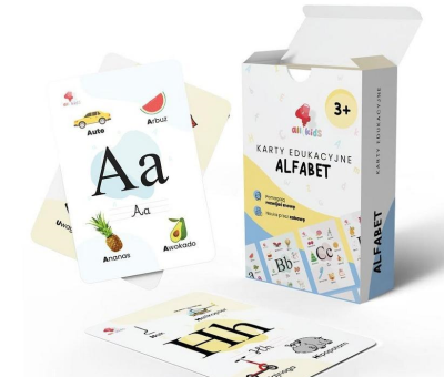 Karty edukacyjne Alfabet 35szt. Wydawca: All4Kids. SmakLiter.pl Opakowanie Karty edukacyjne Alfabet 35szt