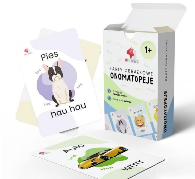 Karty edukacyjne Onomatopeje 34szt. Wydawca: All4Kids. SmakLiter.pl Opakowanie Karty edukacyjne Onomatopeje 34szt