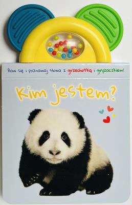 Okładka książki Kim jestem? błękitna. Książeczka z gryzaczkiem i grzechotką