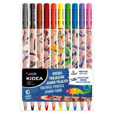 Opakowanie Kredki trójkątne jumbo Pojazdy 10 kolorów KIDEA