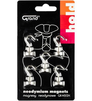 Magnesy neodymowe z haczykiem 12mm 5szt GRAND. Wydawca: Grand. SmakLiter.pl Opakowanie Magnesy neodymowe z haczykiem 12mm 5szt GRAND